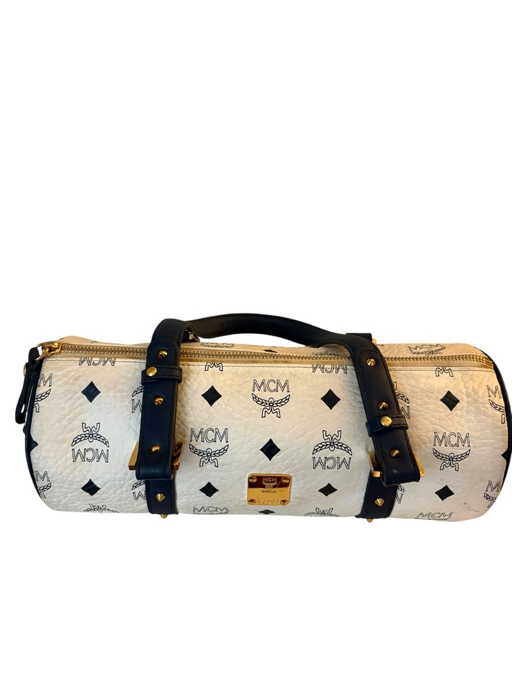 MCM White Visetos Barrel Bag with Black Trim and Gold Hardware